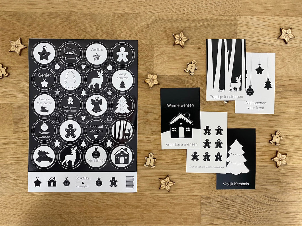 Inpakset: stickervel + 10 labels Kerstmis wit-zwart